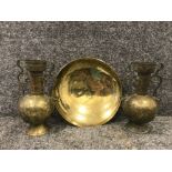 Pair of brass Middle Eastern urns with twin snake head handles together with Chinese brass wall