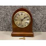 Vintage mahogany framed dome shaped “Empire” mantle clock with key