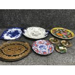 Lot of pottery items such as ironstone trays Imari patterned plates together with 3 large