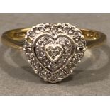 9ct gold heart shaped diamond set ring, size O, 2.8g gross