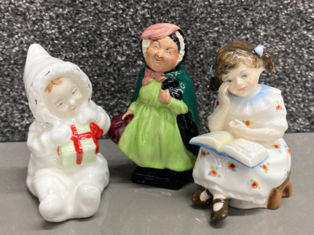 3 Royal Doulton figures includes HN 3695 Storytime, baby’s first Christmas & Sairy Gamp