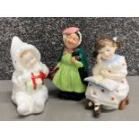 3 Royal Doulton figures includes HN 3695 Storytime, baby’s first Christmas & Sairy Gamp