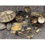 Crate of miscellaneous silver plated ware including cutlery, trinkets & salt shakers etc