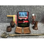 Lacquered miniature jewellery chest together with 6” wooden weaving machine drift wood candlestick