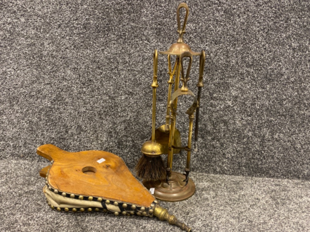 Vintage brass fire companion set & wooden brass studded fire bellows