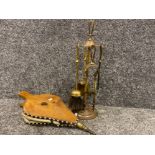 Vintage brass fire companion set & wooden brass studded fire bellows
