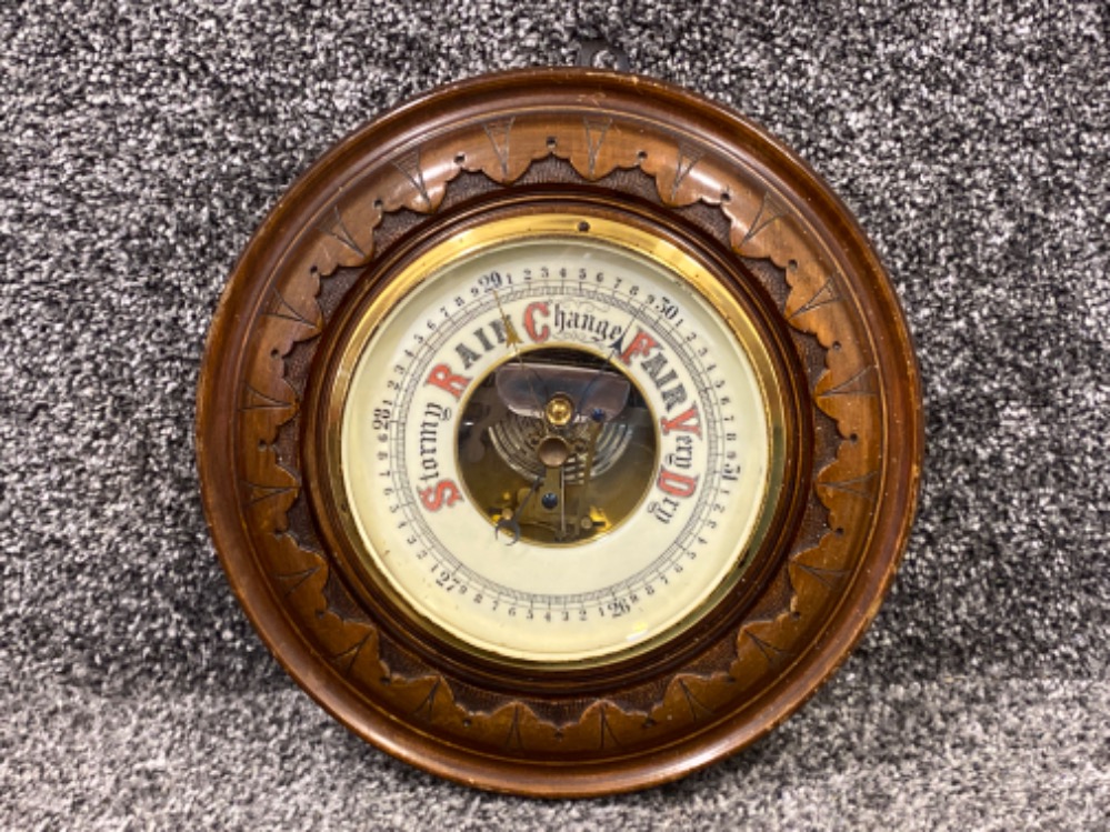 Mahogany framed circular shaped wall hanging barometer- diameter 23.5cm