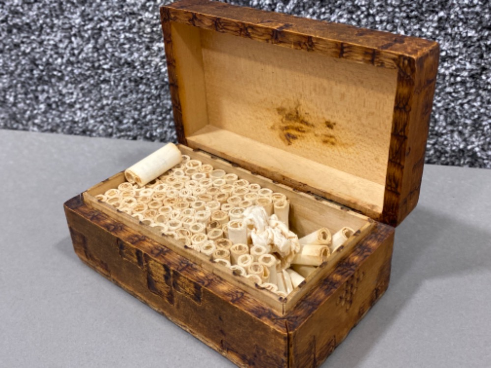 WWI or WWII period wooden promises box, containing small scrolls of various biblical quotations