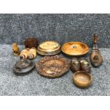 Miscellaneous items to include heavily carved lidded centre bowl wooden shoe last tortoise shell
