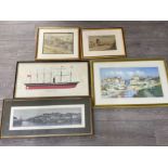 Five framed items includes etching of North Shields, Denmark “Norman” watercolour