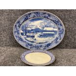 Large Johnson Bros blue & white meat plate “Home for Historic American thanksgiving” 50x39cm, plus