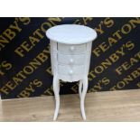 Painted white 3 drawer cylindrical side-chest of drawers, height 72cm