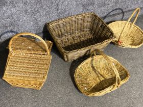4x vintage wicker basket including pic-nic & laundry basket