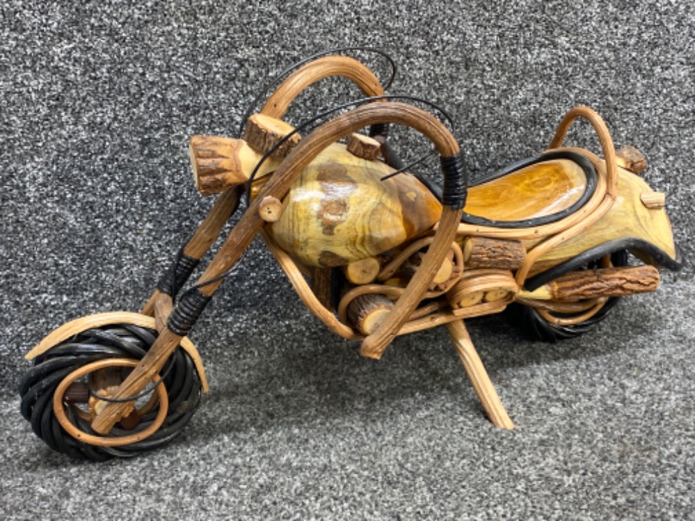 Large Wicker & hand carved wooden motorbike ornament, L54cm