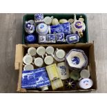 2 trays of blue and white and other ringtons plates, teapots etc