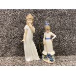 2 Nao by Lladro figures, girl in night dress and a girl with a golden hoop and puppy