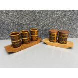 Hornsea Heirloom pattern salt & pepper shakers together with 6 egg cups, both with wooden trays