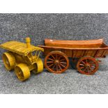 A large Matchstick model of a steam roller together with a handmade wooden model horse cart