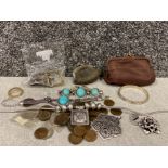 Lot of miscellaneous jewellery and coins includes coin bags and pendants