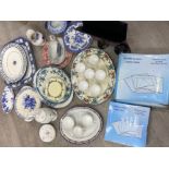 Box containing a large quantity of miscellaneous dinnerware, including meat plates, oriental twin