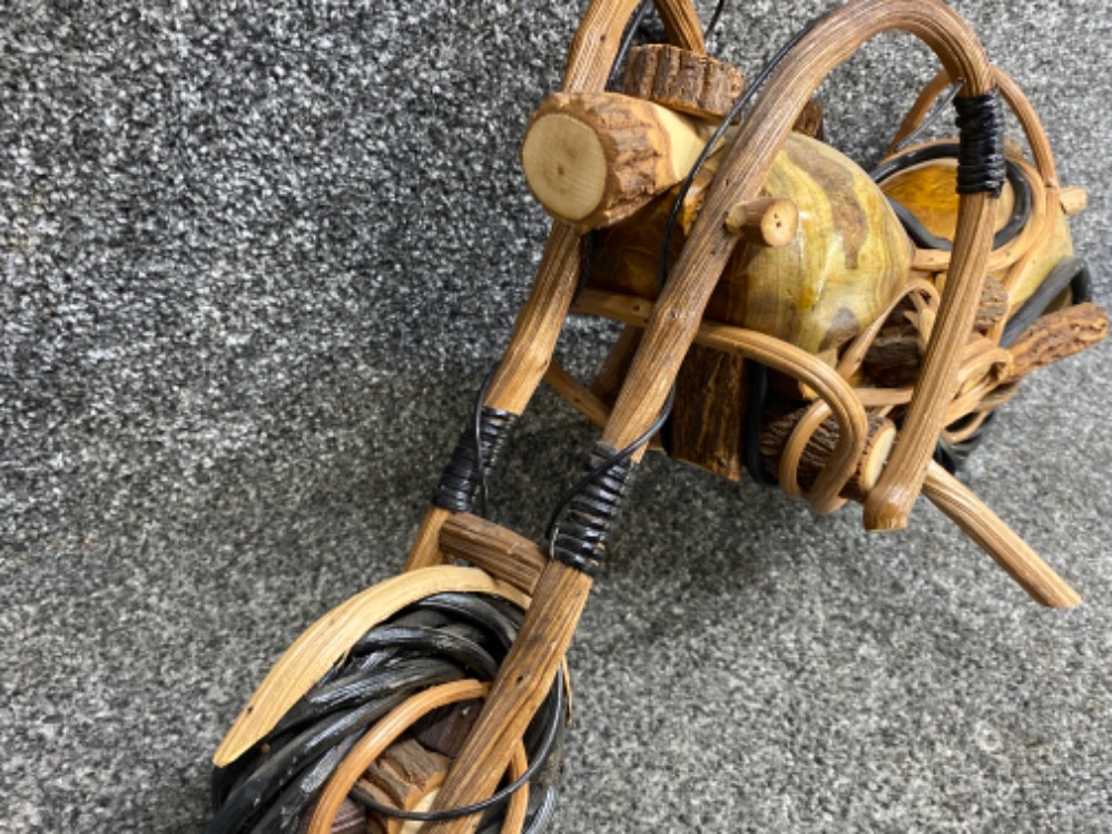 Large Wicker & hand carved wooden motorbike ornament, L54cm - Image 2 of 2