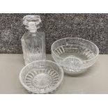 Leaded crystal glass whisky decanter with stopper & 2x glass bowls