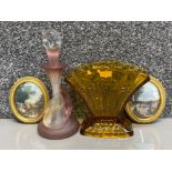 Mixed lot comprising of soft pink art glass perfume bottle together with a pair of gilt framed