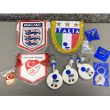 Box containing football related FIFA World Cup key rings & badges - England, Italy & Turkey,