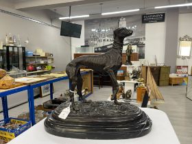 Bronze model of Greyhound on a black marble base England, signed MENE to back, Height 30cm x Width