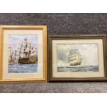 A watercolour of a clipper at sea 28 x 40cm and a colour print after Michael Smith