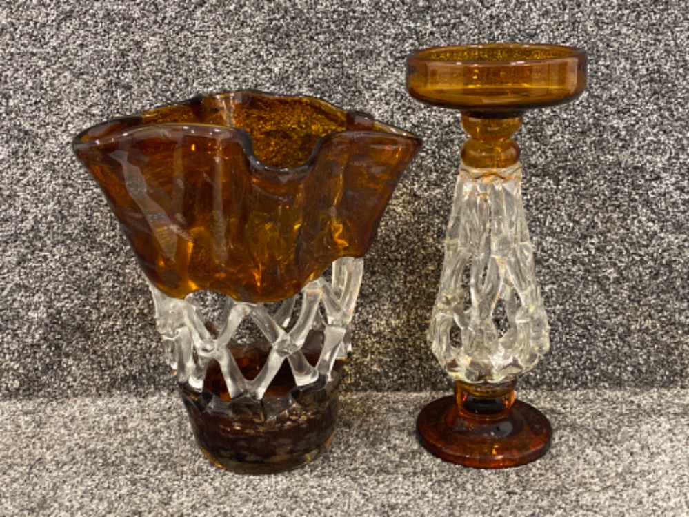 Vase plus candle stand in amber and clear glass