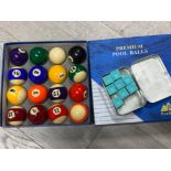 Complete box set of Premium pool balls by Poolberg plus a tin of 8 chalks