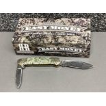 Rough rider easy money pocket knife, with authentic shredded U.S. currency handles, with original