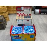 Child’s toy kitchen stove & sink together with & twin storage Thomas the Tank engine toy box