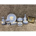 Total of 9 pieces of vintage Wedgwood Jasper Ware, just including vases, lidded trinkets etc