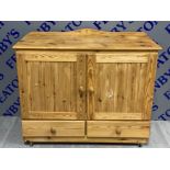 Pine double door linen cupboard fitted with 2x drawers, 101x49cm, height 85cm