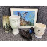 Mixed lot comprising of Pagan planter/vase, hand painted horn, oil on canvas painting of a