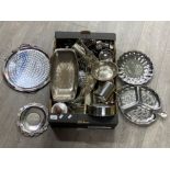 Box of assorted stainless steel kitchen items, including a wooden handled tea service etc