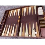 (Portable) Vintage faux brown leather backgammon set in carry case