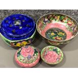 4x pieces of Maling ware, includes 2x lustre bowls & lidded pot & large Ringtons flower holder