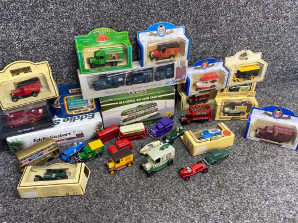 Box containing a large quantity of die cast vehicles including makers Lledo, Eddie Stobart, etc