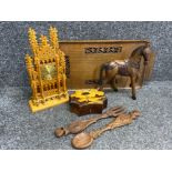 6x hand carved wooden items including horse ornament, twin handled tray, jewellery box & mantle