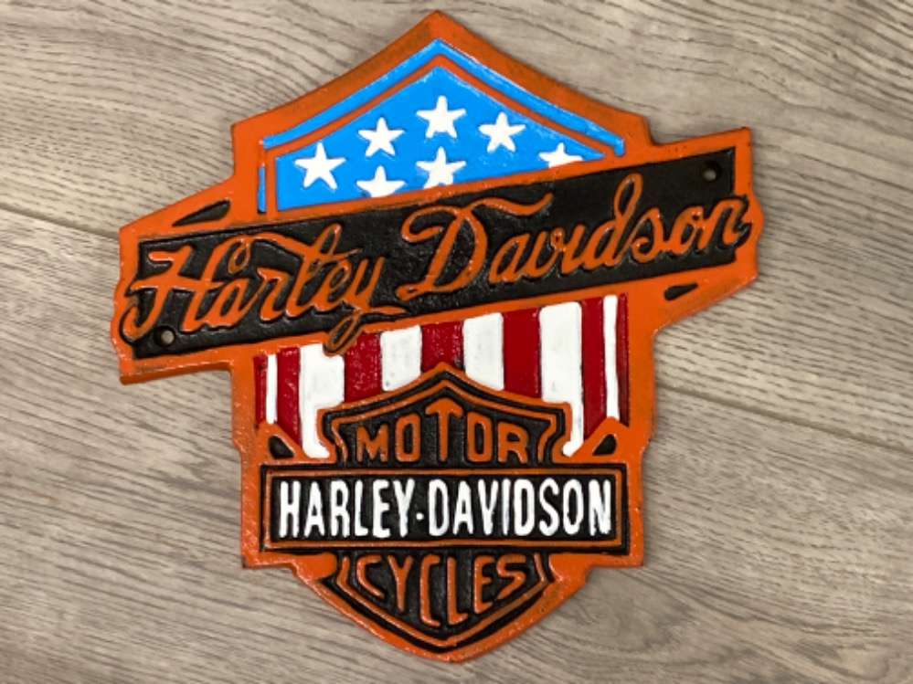 Cast metal Harley Davidson USA flag plaque