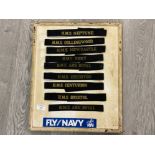 “Fly” Royal Navy presentation wall hanging containing 9 different naval ribbons
