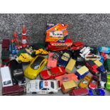 Box of die cast vehicles including Thunderbirds & Corgi Mercedes ambulance etc