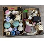 2 boxes of miscellaneous pottery, old camera, good amount of ginger jars with lids