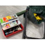 Fisherman’s lot comprising of course fishing rod, storage seat and a fishing tackle box with