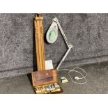 Box containing wooden 2 in 1 artist easel storage box with paints, plus a contemporary desk lamp