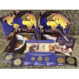 2x Millennium “2000” five pounds coins & Britains 3 piece new coinage set, all issued by Royal