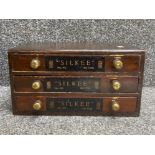 Mahogany 3 drawer table top sewing chest fitted with brass handles “Silkee” with contents